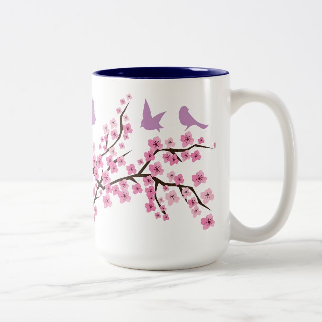 Caneca De Café Em Dois Tons Pássaros e flores de cerejeira (Direita)