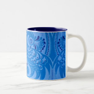 Caneca De Café Em Dois Tons Pássaros Pavões Orientais Azuis