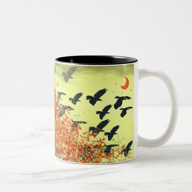 Caneca De Café Em Dois Tons Pássaros Voando Lua Vermelha (Direita)