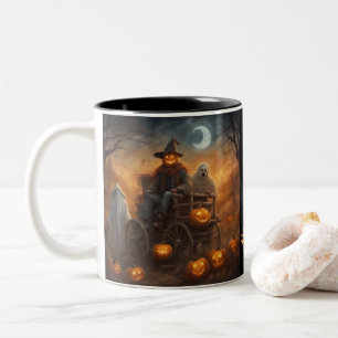 Caneca De Café Em Dois Tons Passeio de feno assombrado encontra espantalho sem