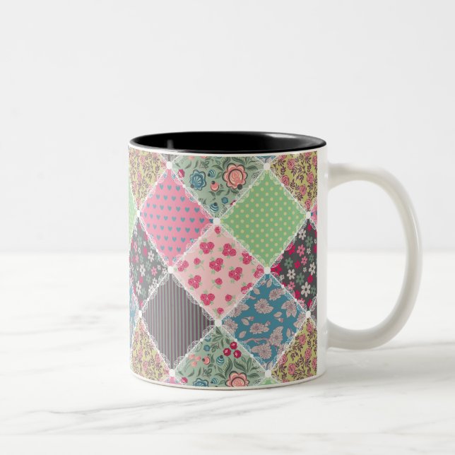 Caneca De Café Em Dois Tons Pastel Floral Quilt Squares (Direita)