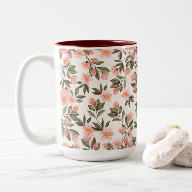 Caneca De Café Em Dois Tons Pastel Peach Floral charmoso (Com Donut)