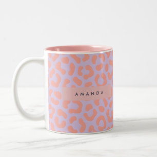 Caneca De Café Em Dois Tons Pastel Personalizado Coral e Estampa de Leopardo L