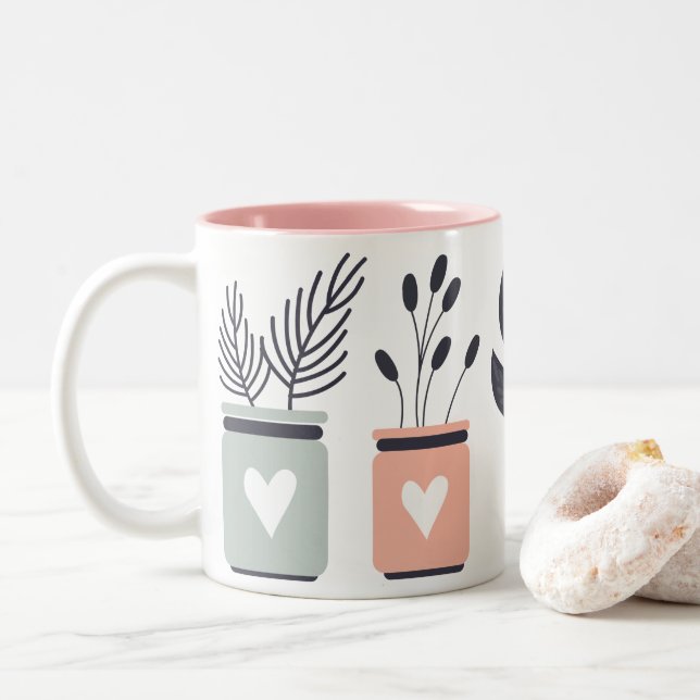 Caneca De Café Em Dois Tons Pastel, rosa e cinzas, plantas modernas potes (Com Donut)