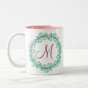 Caneca De Café Em Dois Tons Pastel Watercolor Eucalyptus Wreath Monograma