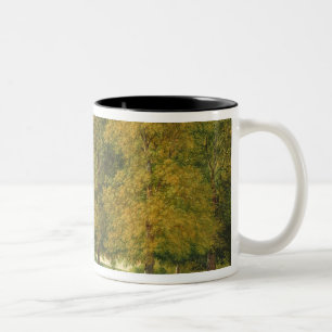 Caneca De Café Em Dois Tons Pastor com o gado abaixo das árvores outonais
