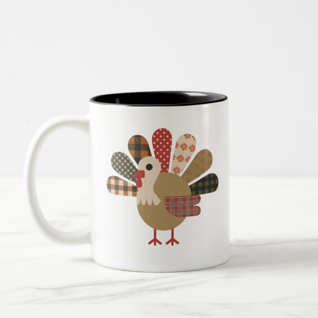 Caneca De Café Em Dois Tons Patchwork QuiltedTurkey Ação de Graças (Esquerda)