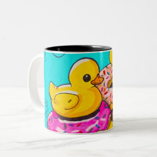 Caneca De Café Em Dois Tons Patos e Rosquinhas