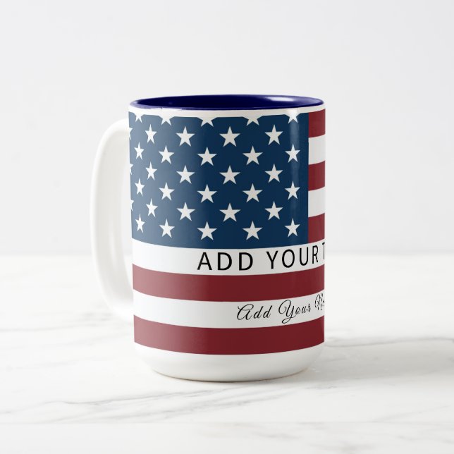 Caneca De Café Em Dois Tons Patriotic US Flag Custom Text Name  (Frente Esquerda)