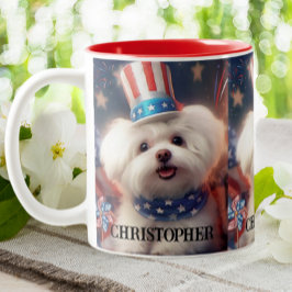 Caneca De Café Em Dois Tons Patriótico maltês Puppy Dog USA Flag Personalizado