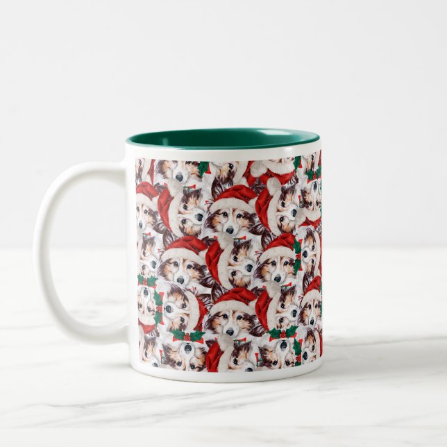 Caneca De Café Em Dois Tons Patterno de Natal da Sheltie Engraçado (Esquerda)