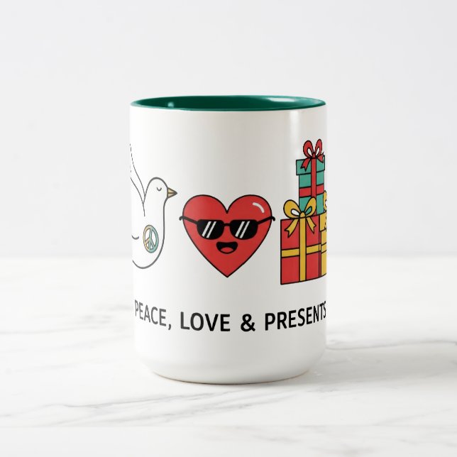 Caneca De Café Em Dois Tons Peace, Love & Presents Christmas (Centro)