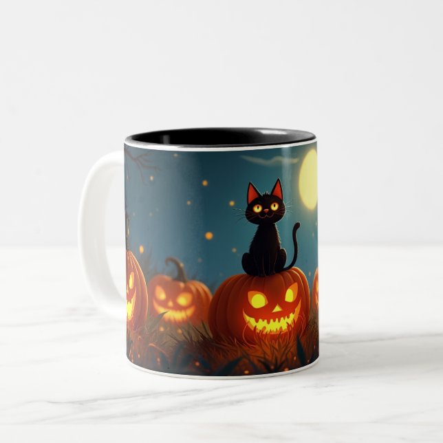 Caneca De Café Em Dois Tons Pedaço de Abóbora Gato Preto (Frente Esquerda)