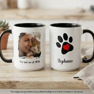 Caneca De Café Em Dois Tons Pegada de pata de gato coração vermelho