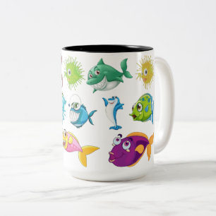Caneca De Café Em Dois Tons Peixes de Desenho Animado Fofo e Vida Marinha em T