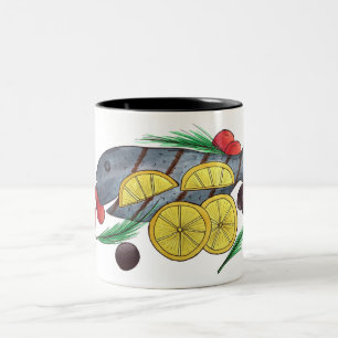 Caneca De Café Em Dois Tons Peixes frescos grelhados frutos do mar gregos medi