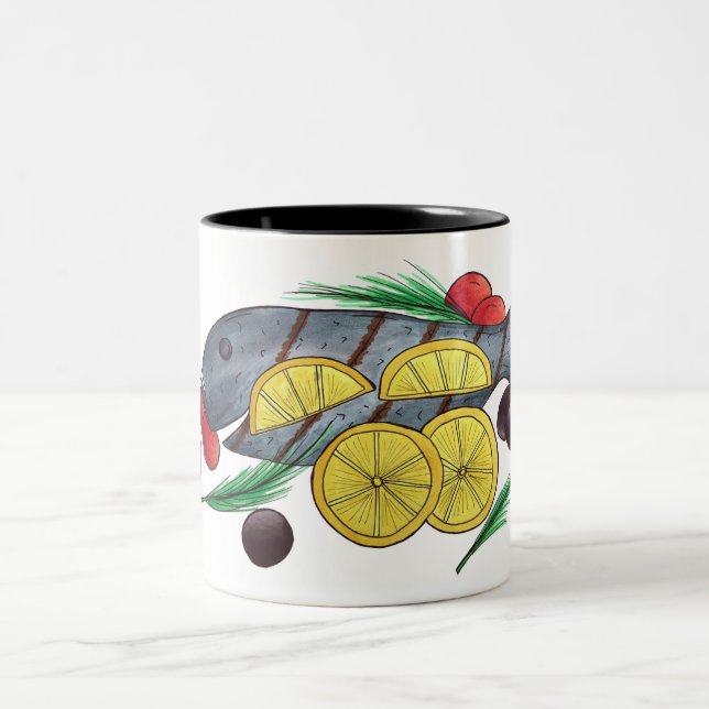 Caneca De Café Em Dois Tons Peixes frescos grelhados frutos do mar gregos medi (Centro)