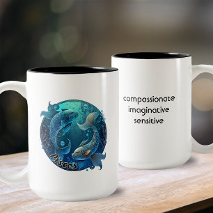 Caneca De Café Em Dois Tons Peixes Teal e Black Watercolor Zodiac