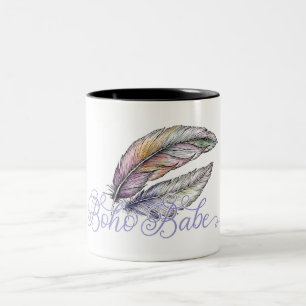 Caneca De Café Em Dois Tons Penas Boho Babe Vibração Boêmia Roxo Moderno