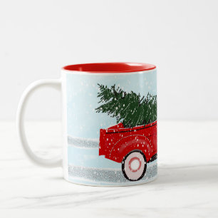 Caneca De Café Em Dois Tons Pequeno Caminhão Vermelho com Árvore de Natal na