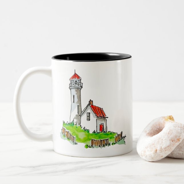 Caneca De Café Em Dois Tons Pequeno Farol Aquarela (Com Donut)