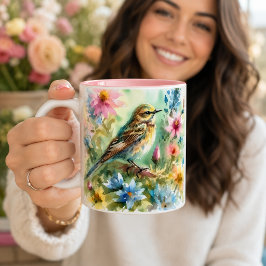 Caneca De Café Em Dois Tons Pequeno Pássaro Cantante Aquarela Pássaro & Floral