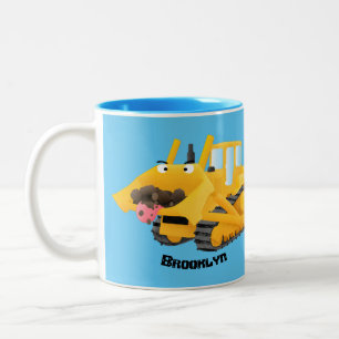 Caneca De Café Em Dois Tons Personagem de desenho animado de bulldozer amarelo