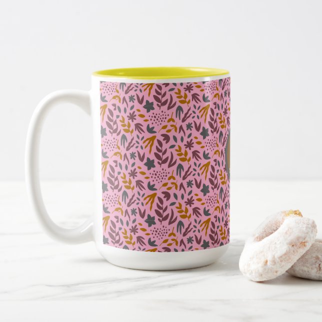 Caneca De Café Em Dois Tons Personalização de Padrão Botânico (Com Donut)