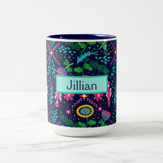 Caneca De Café Em Dois Tons Personalizado com o seu nome Folk Art (Centro)
