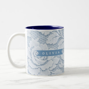 Caneca De Café Em Dois Tons Personalizado Floral Azul Elegante Romântico