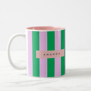 Caneca De Café Em Dois Tons Personalizado Verde Fresco e Listrado de Rosa Retr