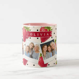Caneca De Café Em Dois Tons Personalizado Vintage Morango Bolinhas Retro