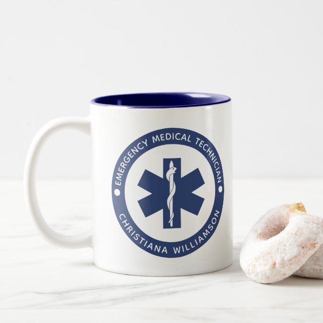 Caneca De Café Em Dois Tons Personalizar símbolo EMT - Técnico médico de emerg (Com Donut)