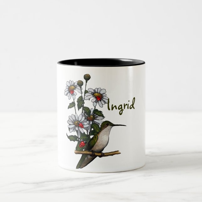 Caneca De Café Em Dois Tons Personalize: Margaridas, colibri, joaninhas: Arte (Centro)