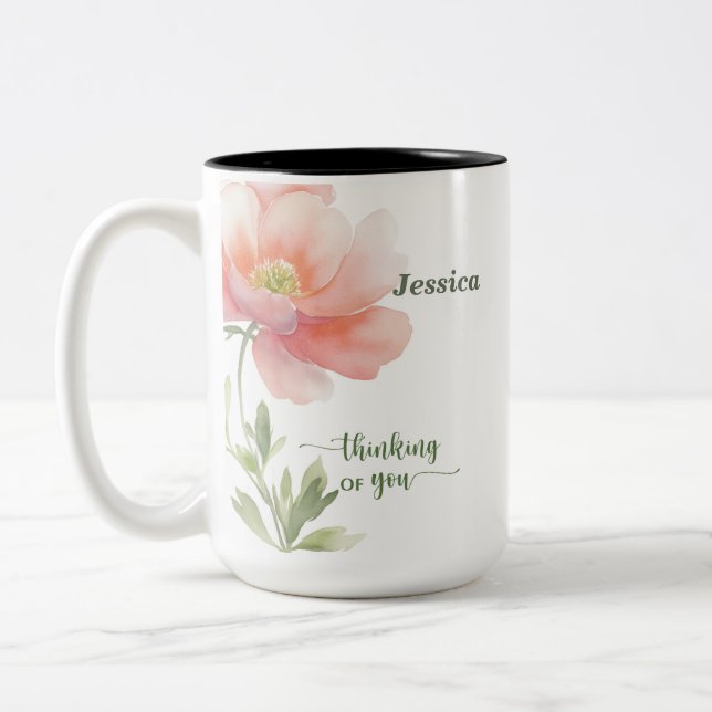 Caneca De Café Em Dois Tons Personalize Pensando em Você Flor de Aquarela (Esquerda)