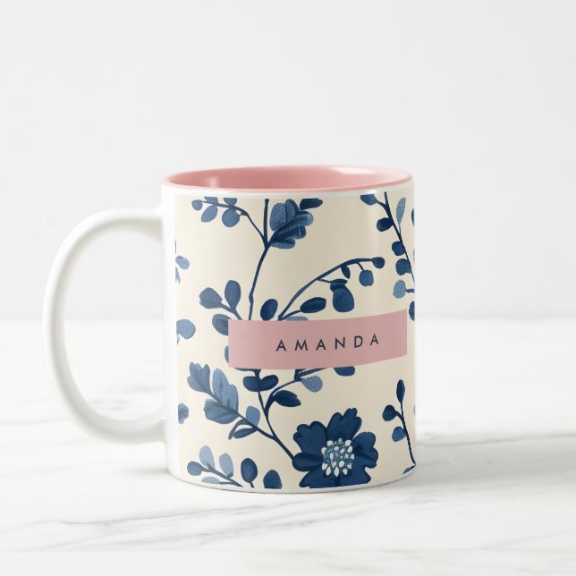 Caneca De Café Em Dois Tons Personalized Blue Floral Vine Style (Esquerda)