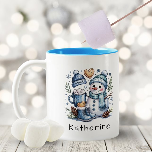 Caneca De Café Em Dois Tons Personalized Cute Christmas Snowman  (Personalized Cute Christmas Snowman Two-Tone Coffee Mug)