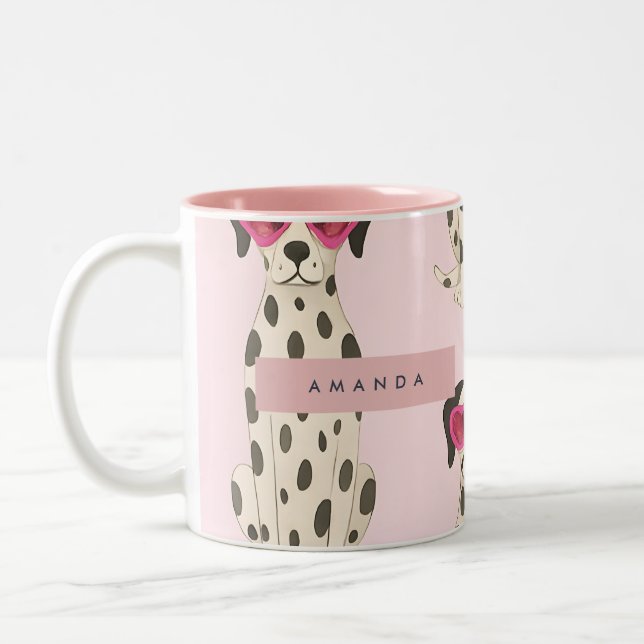 Caneca De Café Em Dois Tons Personalized Dalmatian Dog with Pink Heart Glasses (Esquerda)