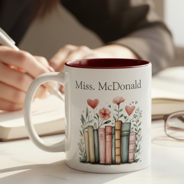 Caneca De Café Em Dois Tons Personalized Floral Stacked Books Teacher (Criador carregado)