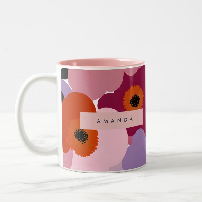 Caneca De Café Em Dois Tons Personalized Funky Red and Pink Flower Design (Esquerda)