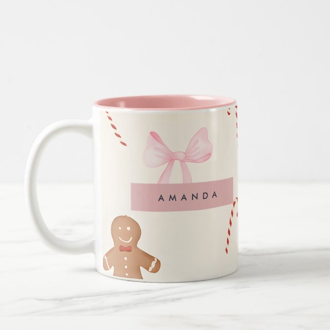 Caneca De Café Em Dois Tons Personalized Holiday Gingerbread & Pink Bow (Esquerda)