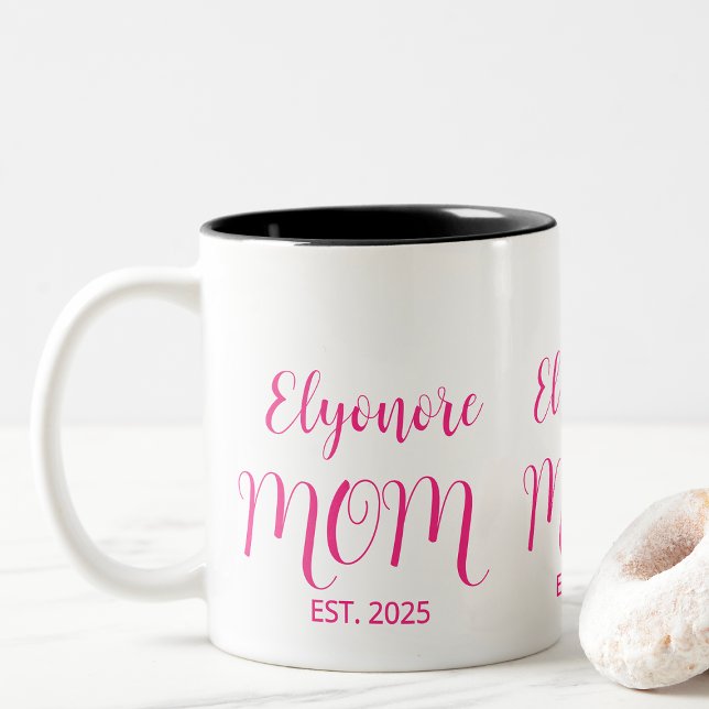 Caneca De Café Em Dois Tons Personalized Mom Name Established Pink Script  (Criador carregado)