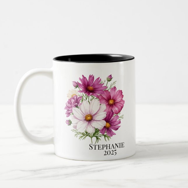 Caneca De Café Em Dois Tons Personalized October Cosmos Birth Flower Mugs (Esquerda)