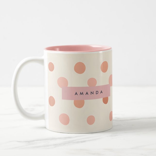 Caneca De Café Em Dois Tons Personalized Pastel Peach & Blush Polka Dot  (Esquerda)