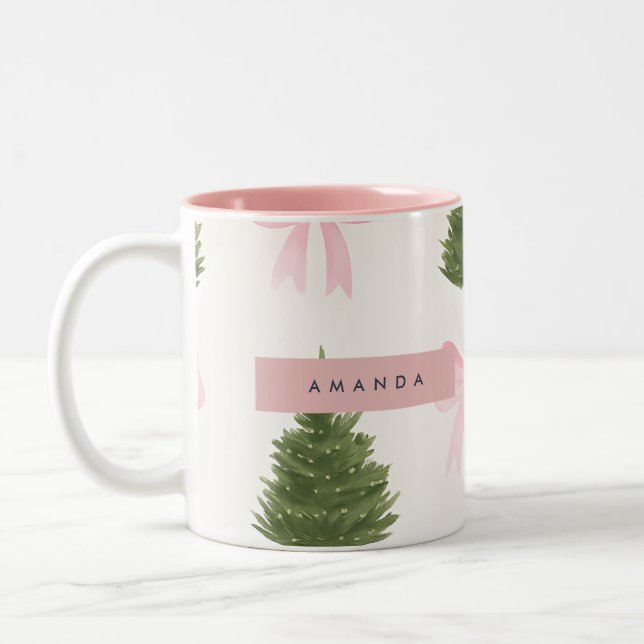 Caneca De Café Em Dois Tons Personalized Pink Bow & Christmas Tree (Esquerda)