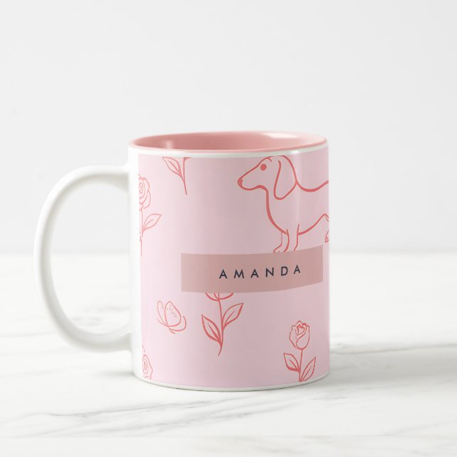 Caneca De Café Em Dois Tons Personalized Pink Dachshund and Flower (Esquerda)