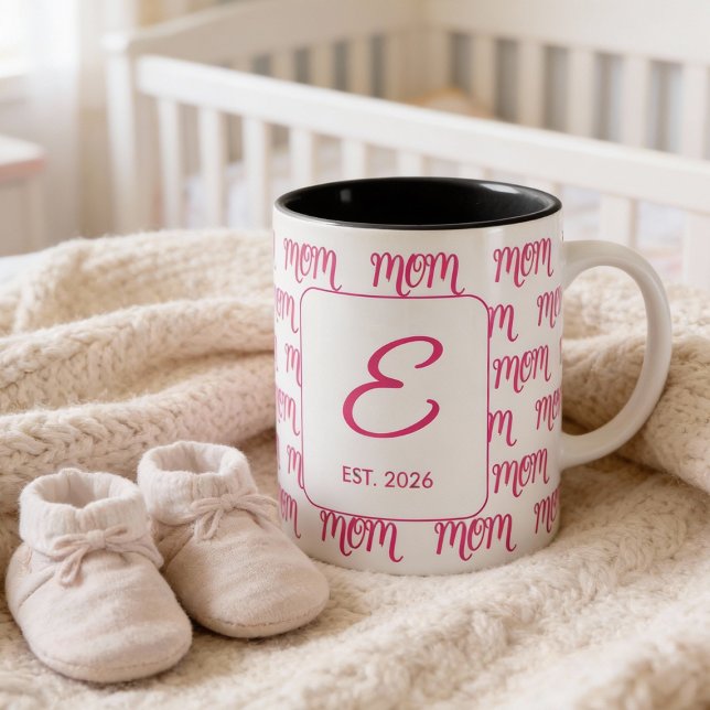 Caneca De Café Em Dois Tons Personalized Pink New Mom Monogram Established (Criador carregado)