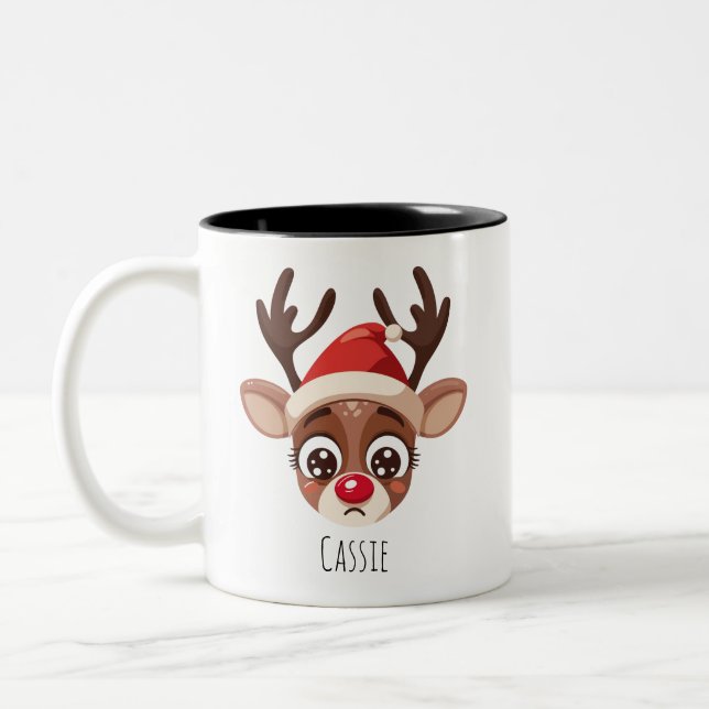 Caneca De Café Em Dois Tons Personalized Sad Reindeer Mug – Custom Name Gift (Esquerda)