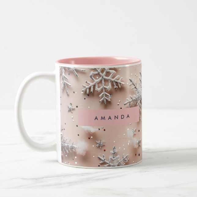 Caneca De Café Em Dois Tons Personalized Silver Glitter Snowflake  (Esquerda)