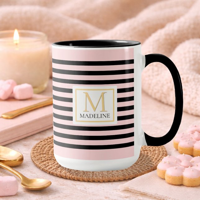 Caneca De Café Em Dois Tons Personalized Stripe Name Mug Pink (Criador carregado)